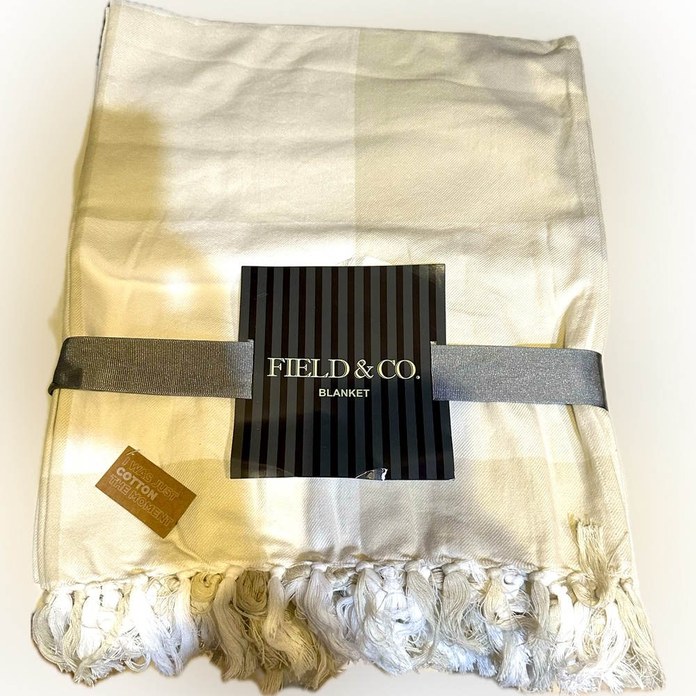 FIELD & CO IVORY PLAID HP LOGO 100% ORGANIC COTTON LIGHT BLANKET 60”x 70” THROW